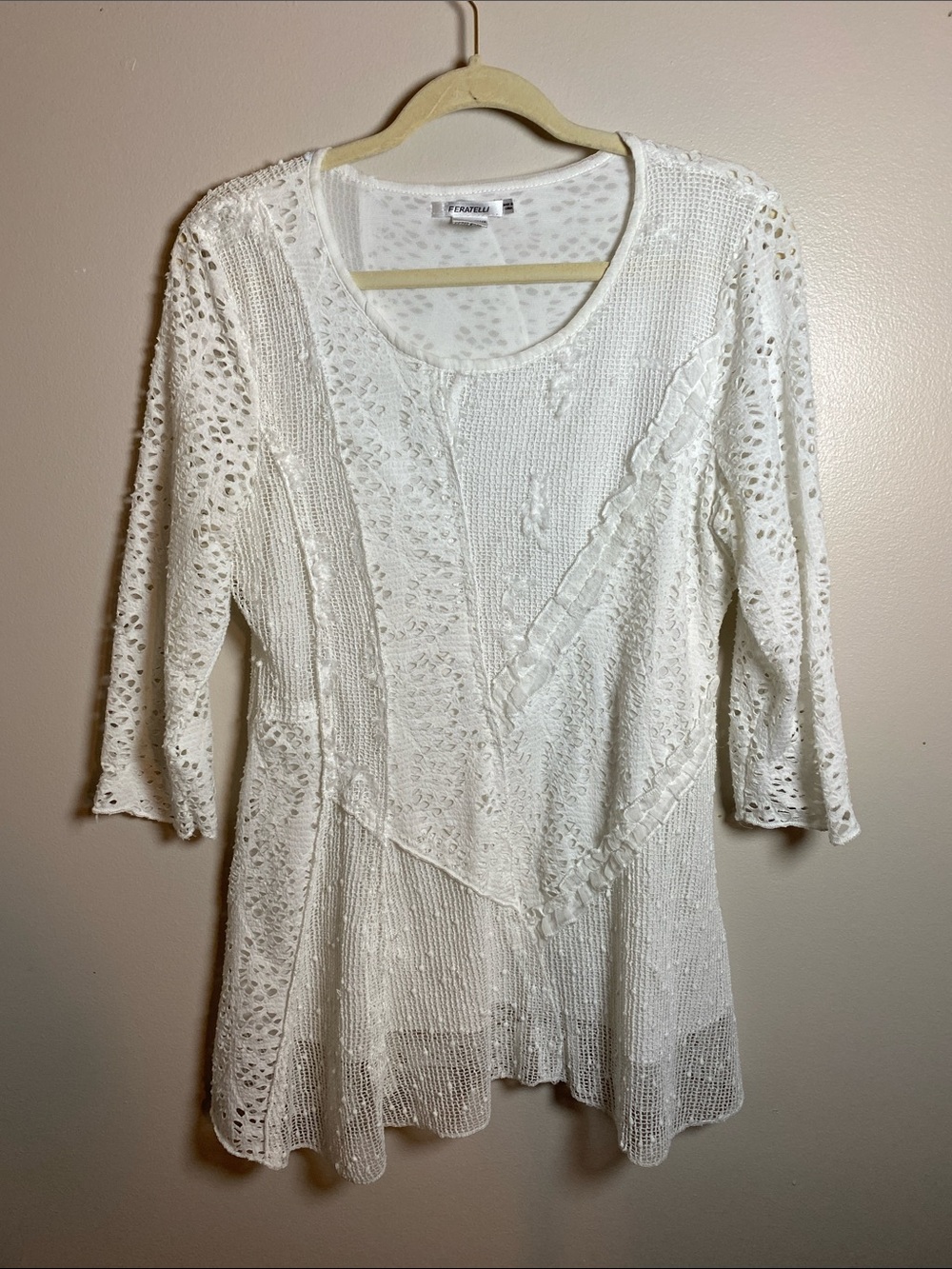 Feratelli White Textured Patchwork Tunic Top Large Boho